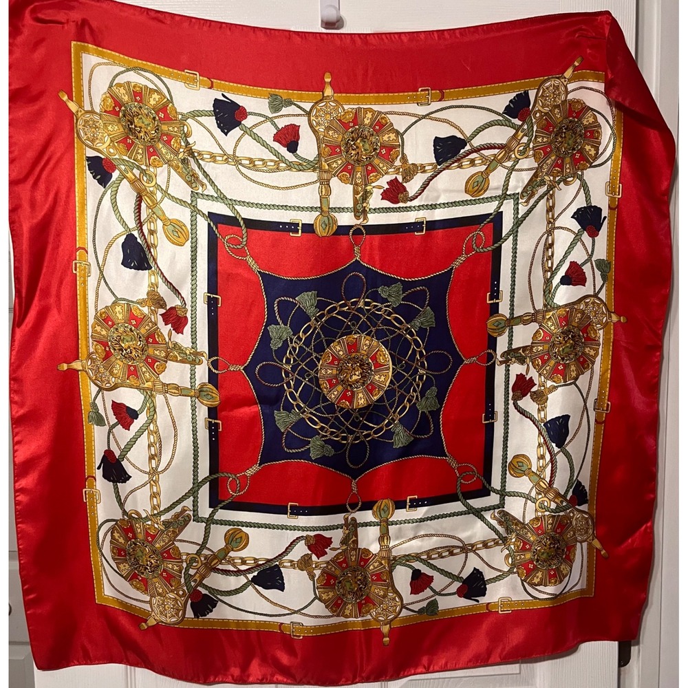 Vintage Style Lion Equestrian Chain Rope Print Square Satin Scarf Red Navy 35x35